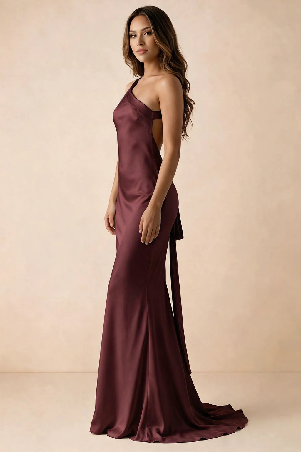 Side studio view of Brittany wine dress showing the flared skirt and side-back tie