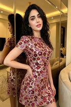 Brooke Pink Floral Sequin Embroidery High Neck Mini Dress with Sleeves