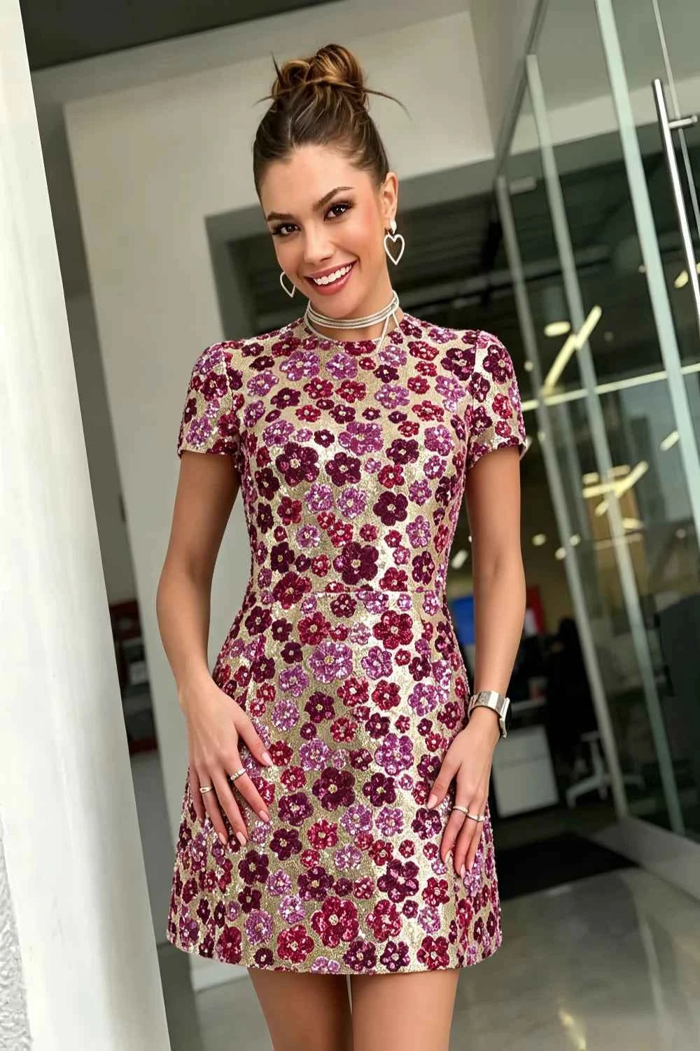 Brooke Pink Floral Sequin Embroidery High Neck Mini Dress with Sleeves