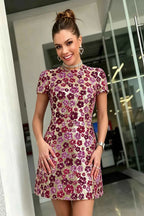 Brooke Pink Floral Sequin Embroidery High Neck Mini Dress with Sleeves
