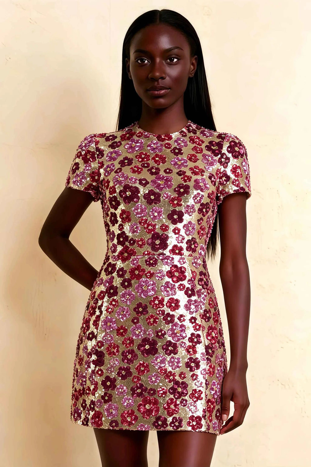 Brooke Pink Floral Sequin Embroidery High Neck Mini Dress with Sleeves