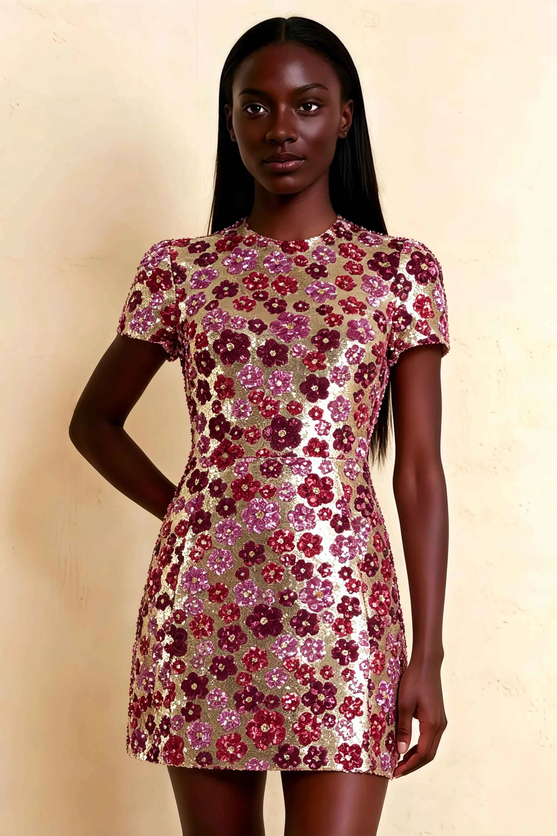 Brooke Pink Floral Sequin Embroidery High Neck Mini Dress with Sleeves