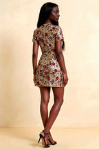 LVLVS Brooke red floral sequin embroidery high neck mini dress back view, short sleeves and flared hem, stylish club going out outfit, rear view model pose against neutral background