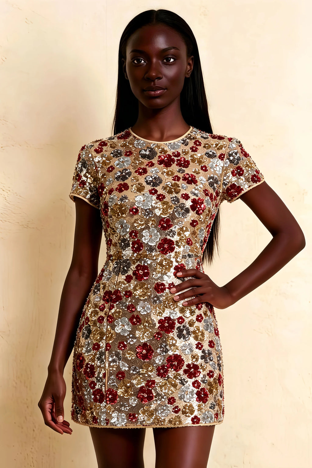 Close up front view LVLVS Brooke red floral sequin embroidery dress, high neck short sleeve design, perfect for graduation or homecoming, classy and youthful aesthetic