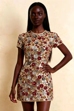Close up front view LVLVS Brooke red floral sequin embroidery dress, high neck short sleeve design, perfect for graduation or homecoming, classy and youthful aesthetic