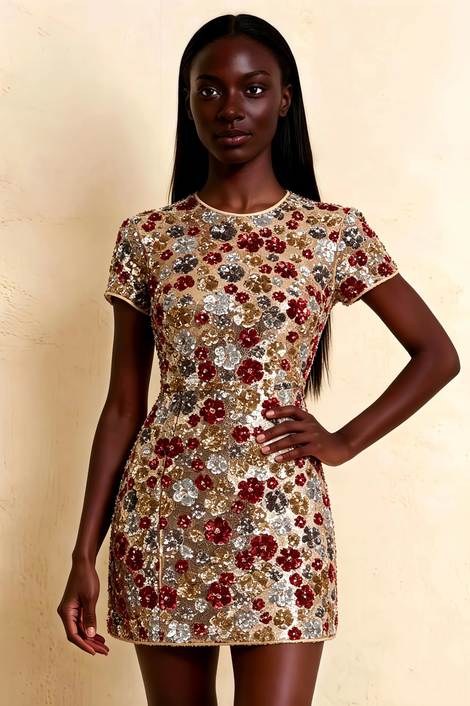 Close up front view LVLVS Brooke red floral sequin embroidery dress, high neck short sleeve design, perfect for graduation or homecoming, classy and youthful aesthetic