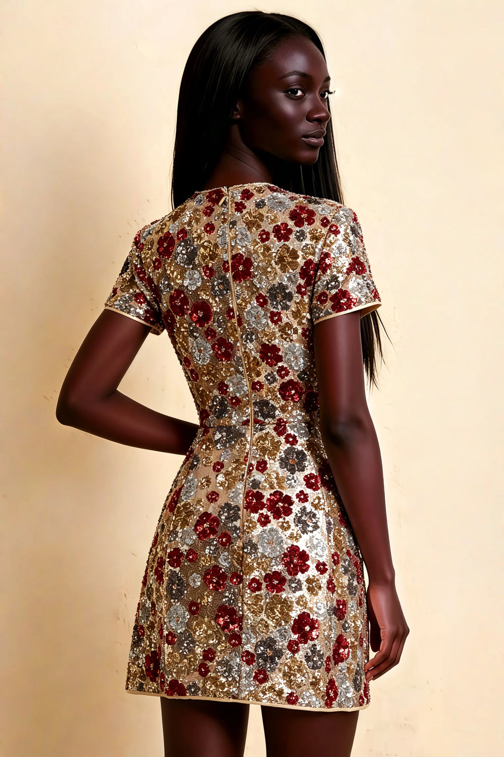 Back detail of LVLVS Brooke red floral sequin embroidery mini dress, showcasing the flattering fit and sequin texture, ideal for sorority rush or formal dinner, rear half body shot