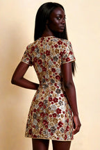 Back detail of LVLVS Brooke red floral sequin embroidery mini dress, showcasing the flattering fit and sequin texture, ideal for sorority rush or formal dinner, rear half body shot
