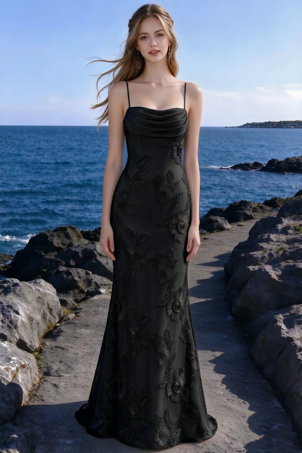 Seaside front view of Brynn black cowl-neck dress with a fitted waist and floral mermaid skirt