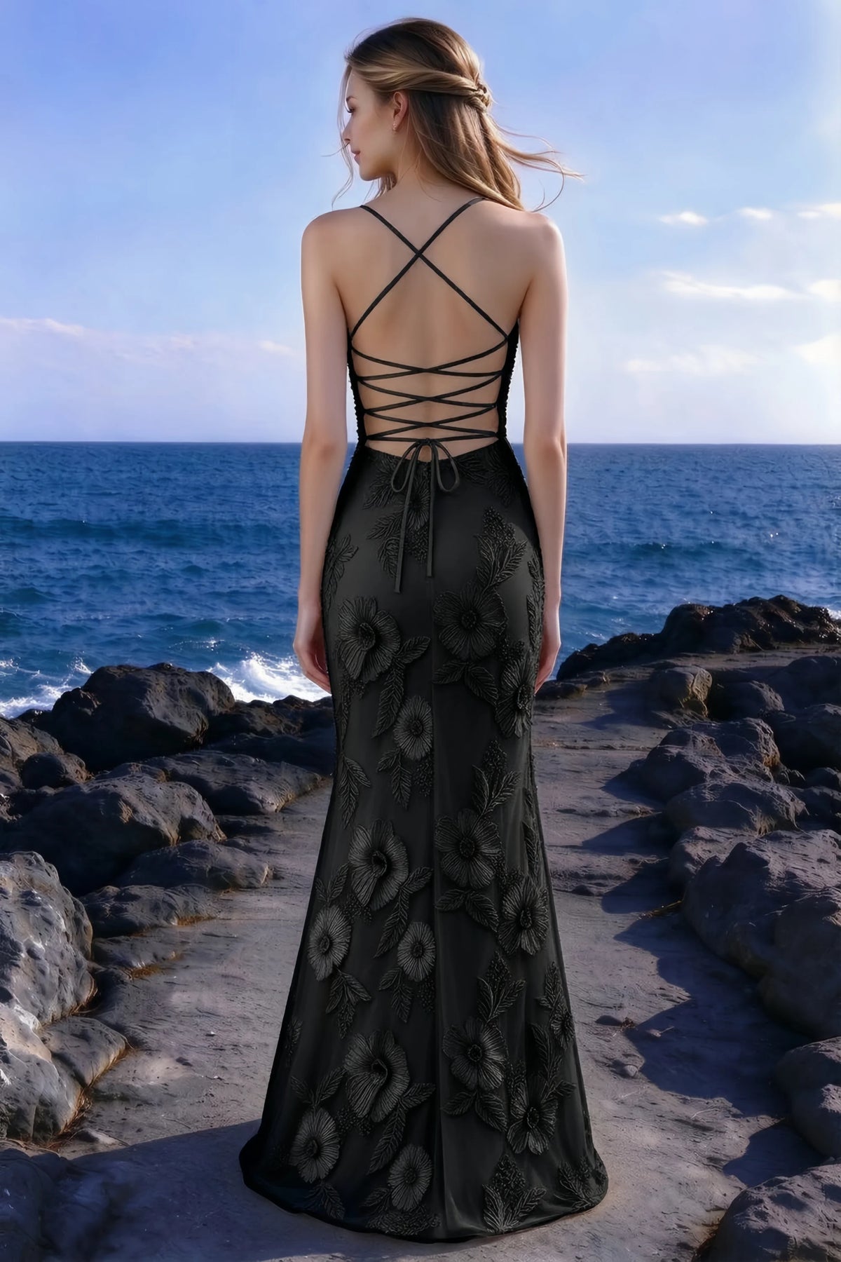 Seaside rear view of Brynn black dress showing the crossed straps and back lacing