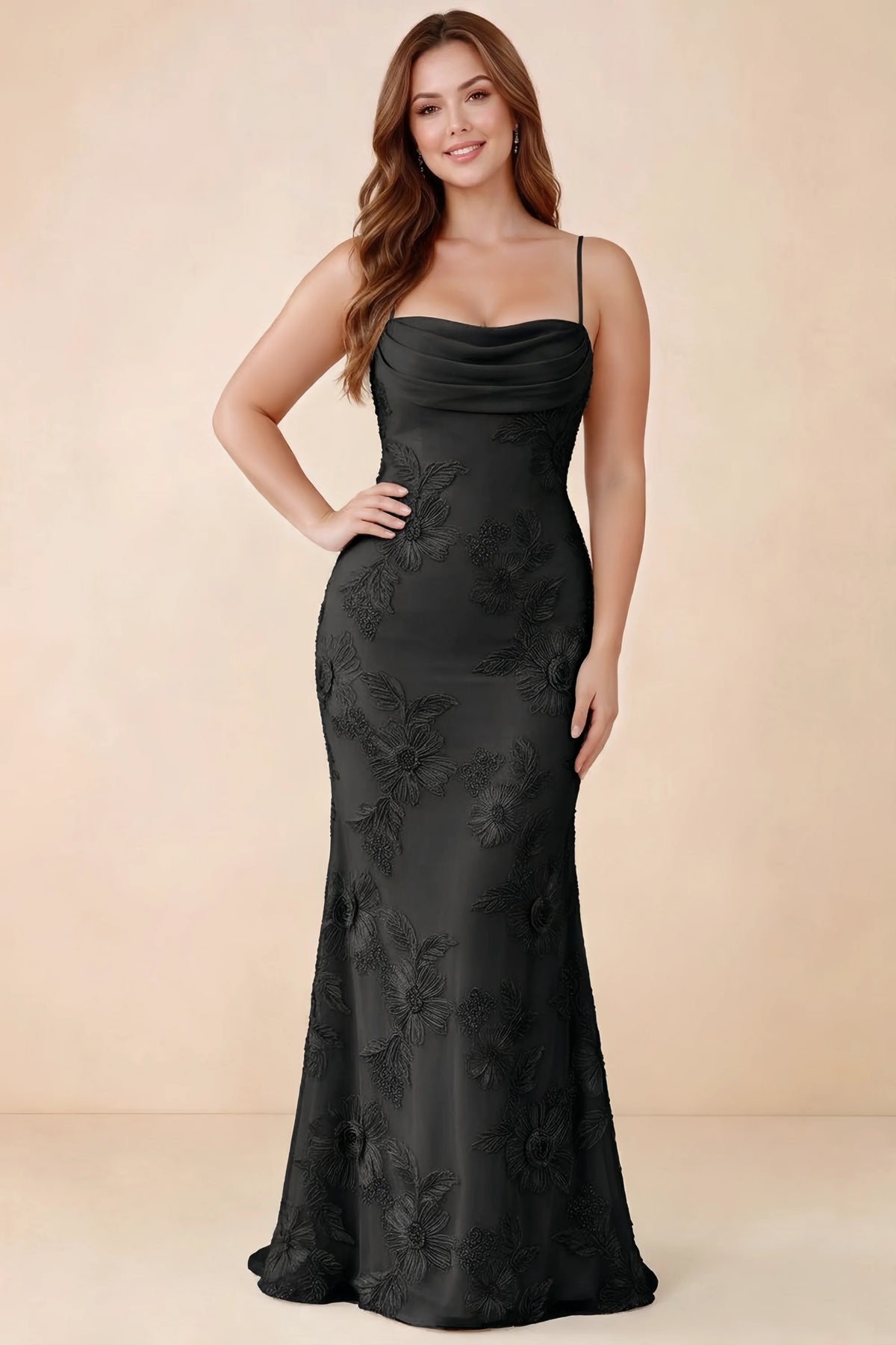 Front studio view of Brynn black dress on a second model, showing the cowl neckline and fitted silhouette