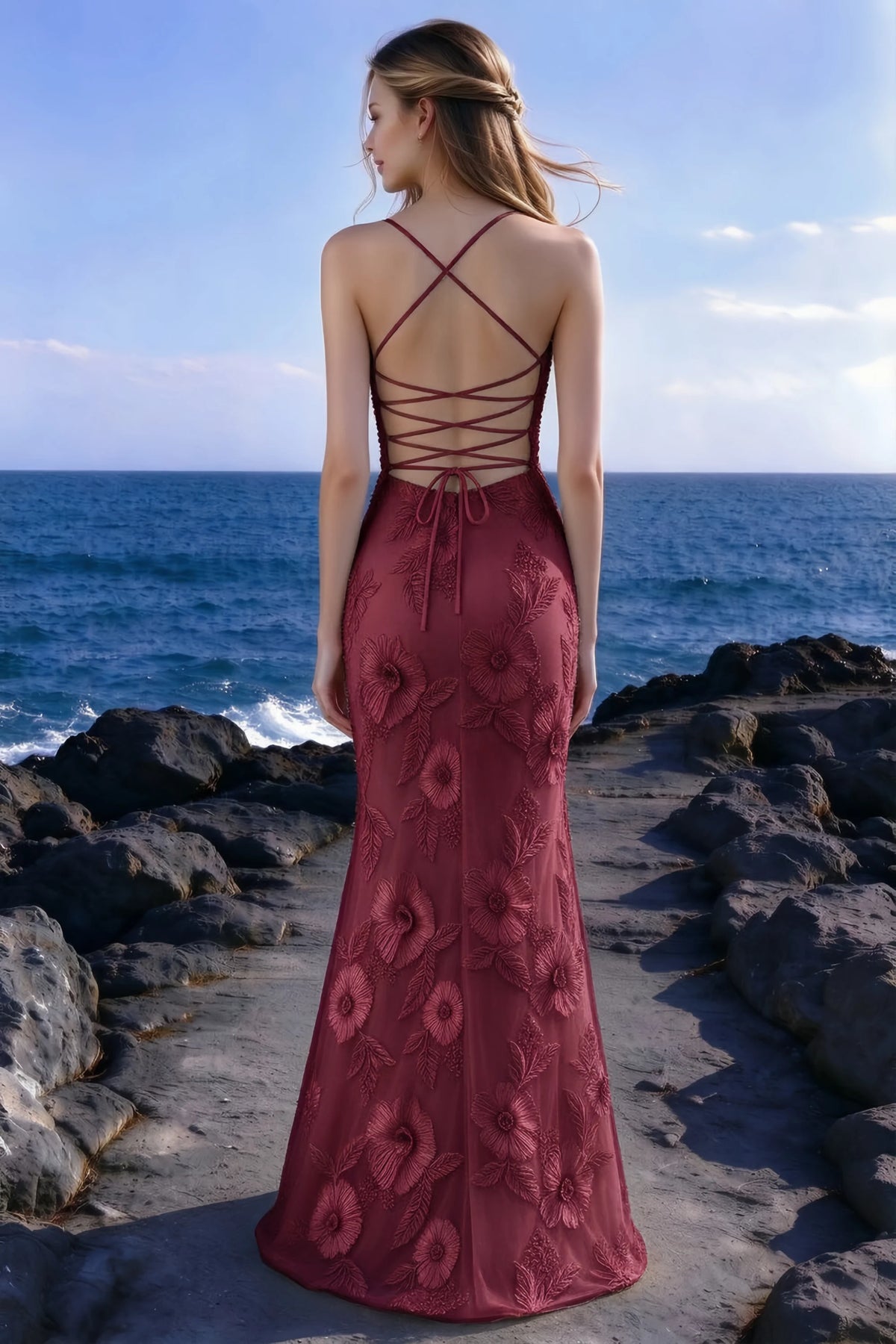 Seaside rear view of Brynn burgundy dress showing the crossed straps and back lacing