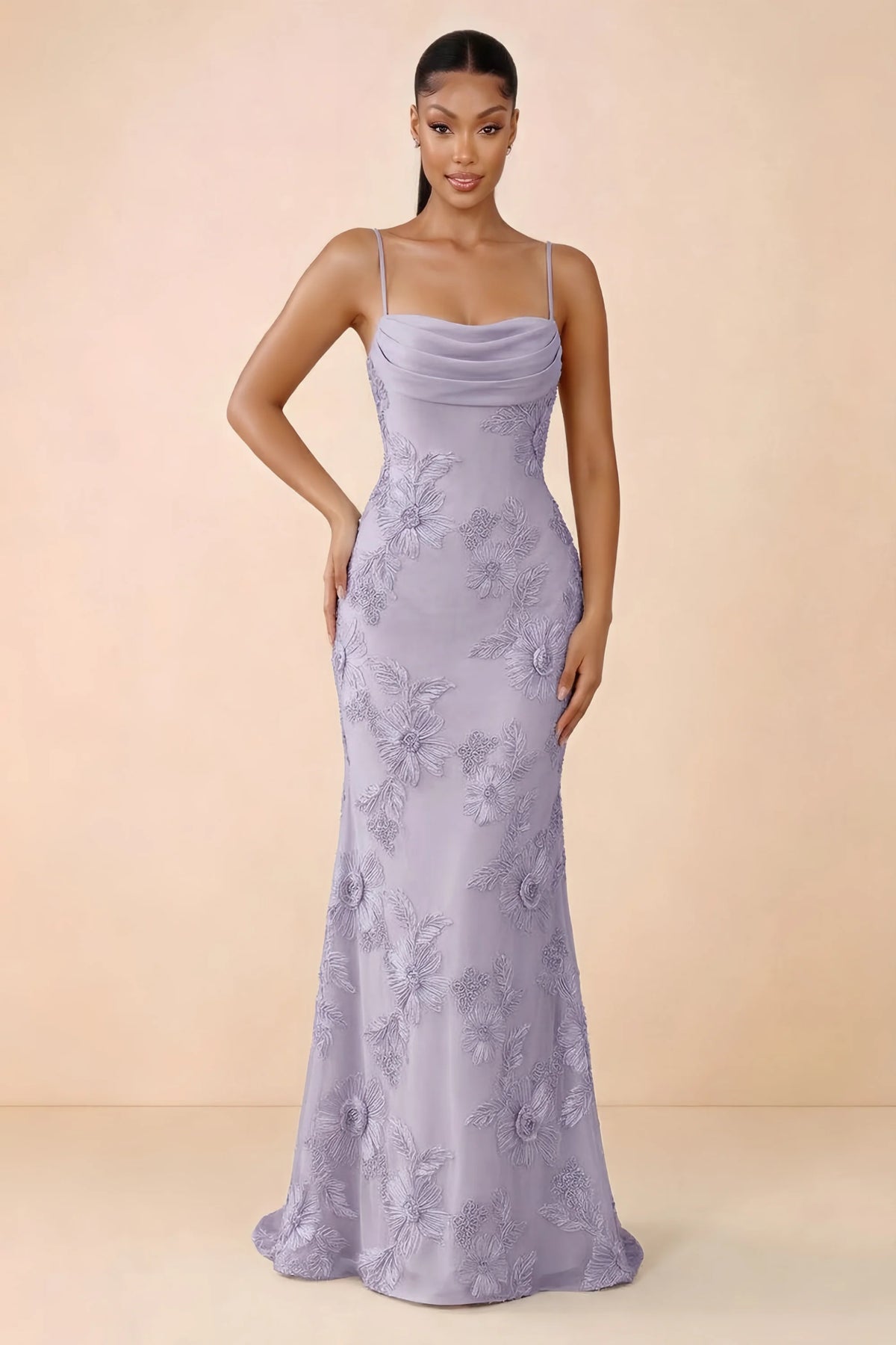 Front studio view of Brynn dusty lilac floral maxi dress with a draped cowl neckline and thin straps