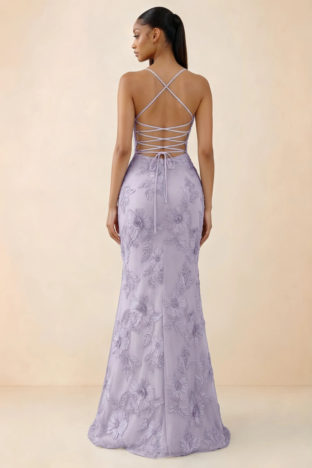 Translation missing: en.Rear studio view of Brynn dusty lilac dress showing crossed shoulder straps and an open lace-up back content.product_image_secondary