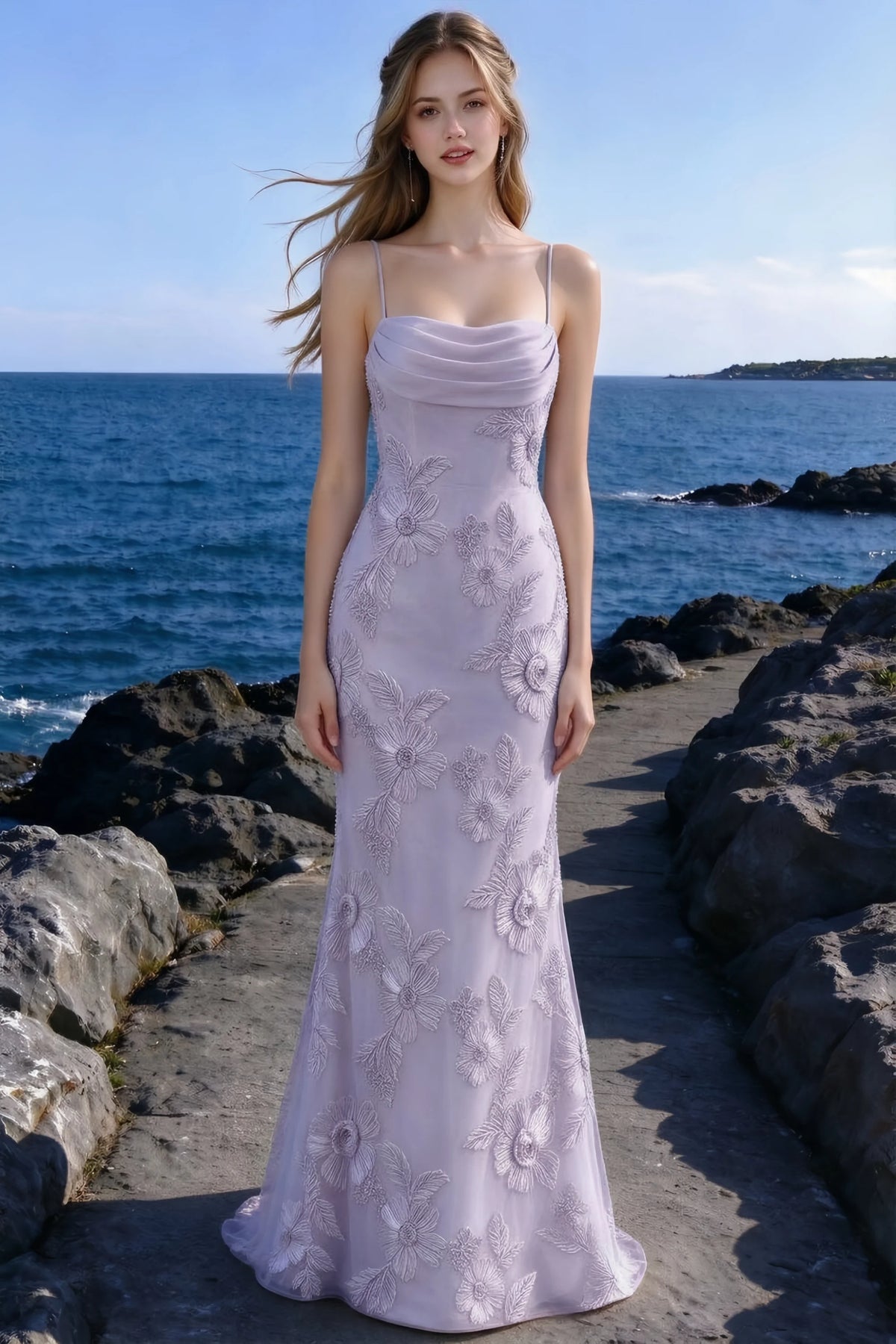 Seaside front view of Brynn dusty lilac cowl-neck dress with a fitted waist and floral mermaid skirt