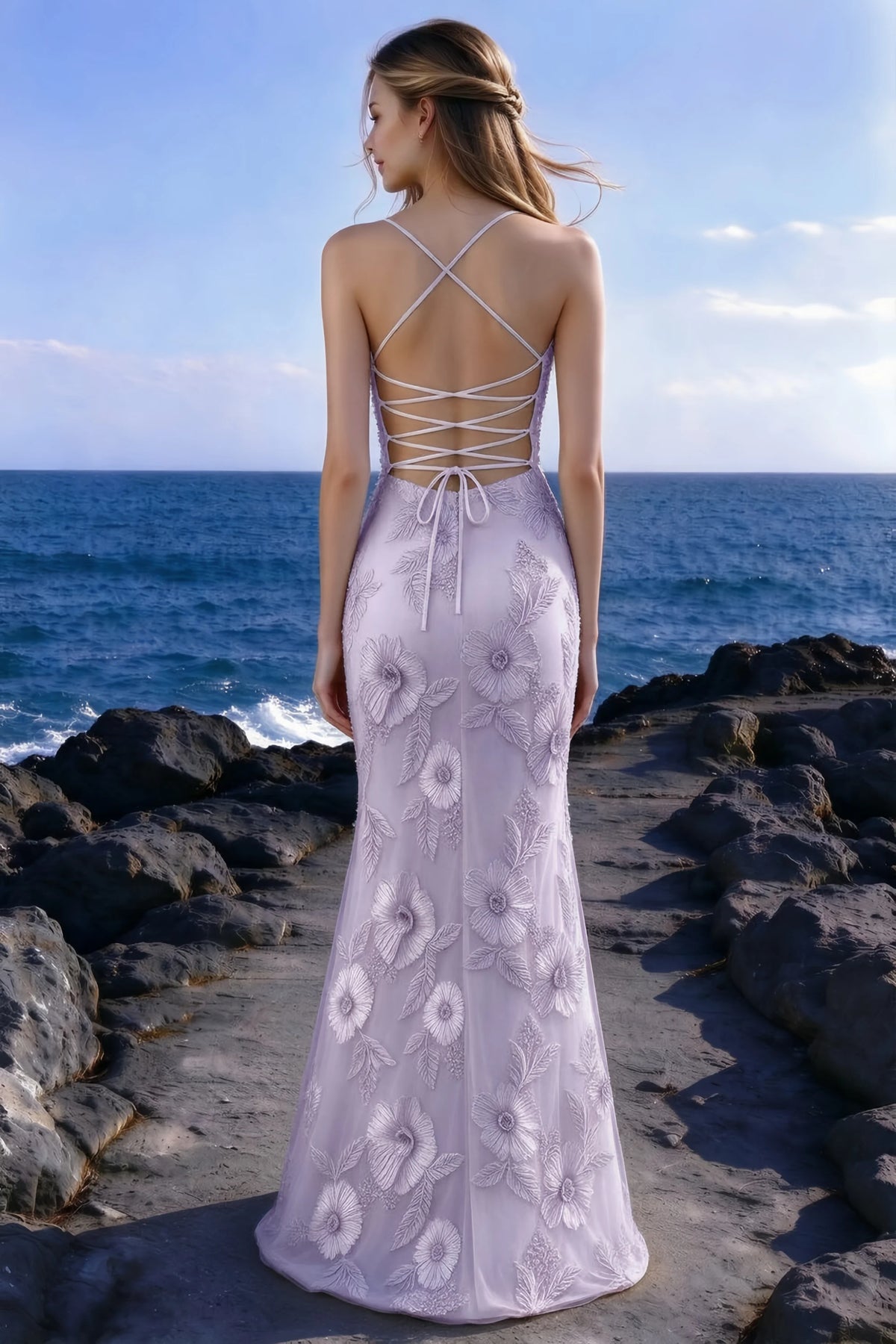 Seaside rear view of Brynn dusty lilac dress showing the crossed straps and back lacing