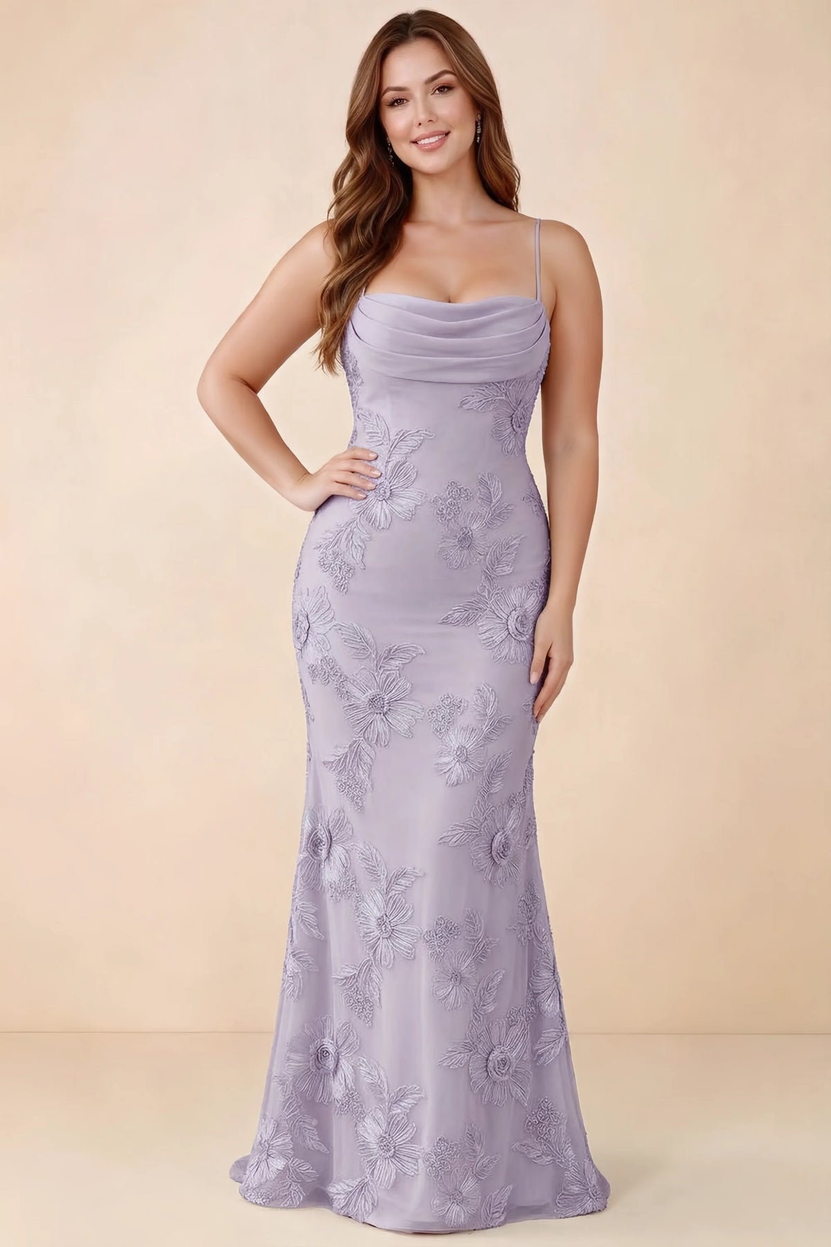 Front studio view of Brynn dusty lilac dress on a second model, showing the cowl neckline and fitted silhouette