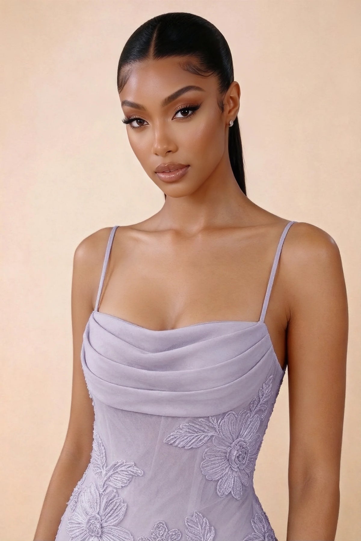 Close-up of Brynn dusty lilac draped cowl neckline, thin shoulder straps and floral bodice