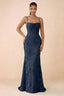 Front studio view of Brynn navy floral maxi dress with a draped cowl neckline and thin straps