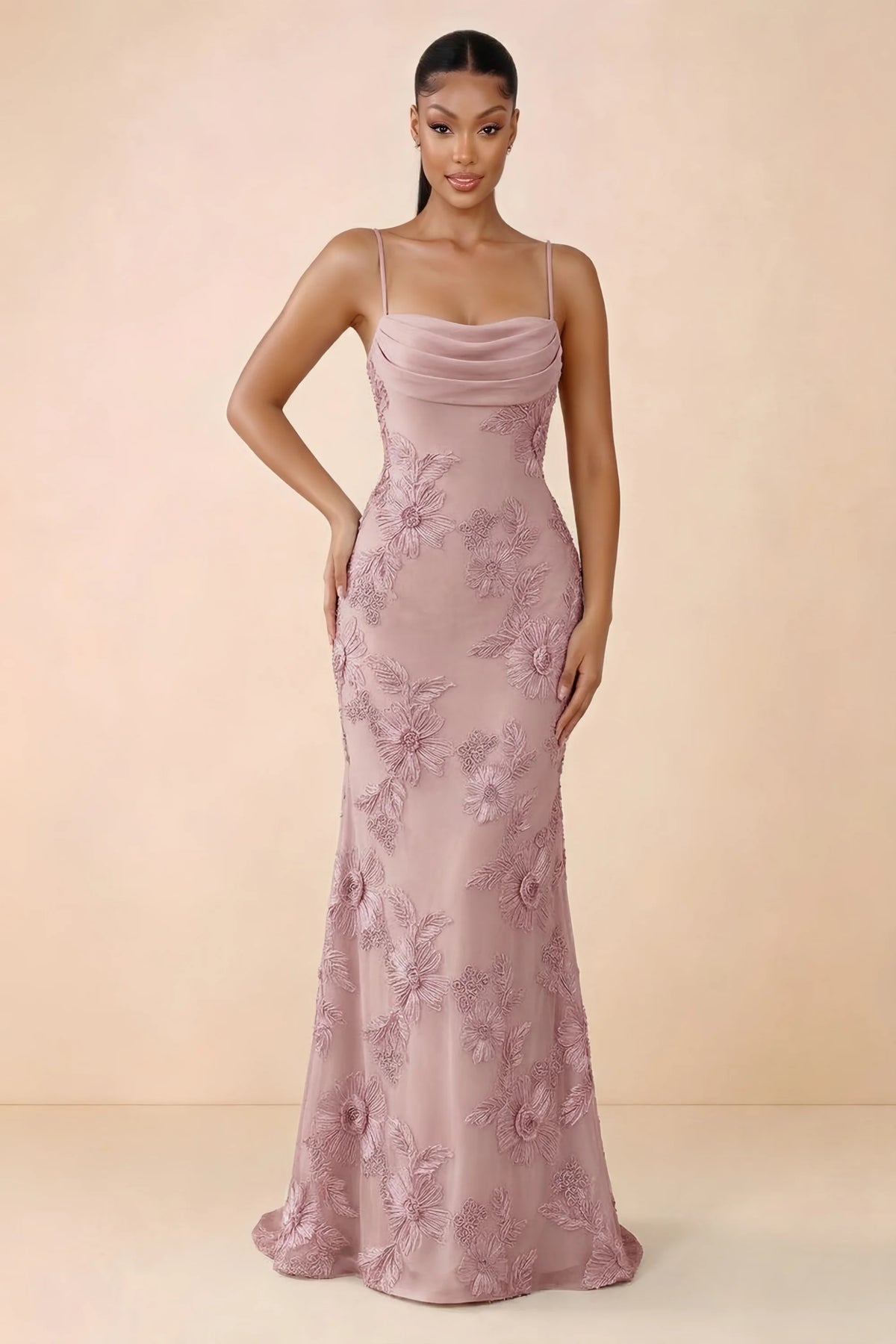 Front studio view of Brynn pink floral maxi dress with a draped cowl neckline and thin straps