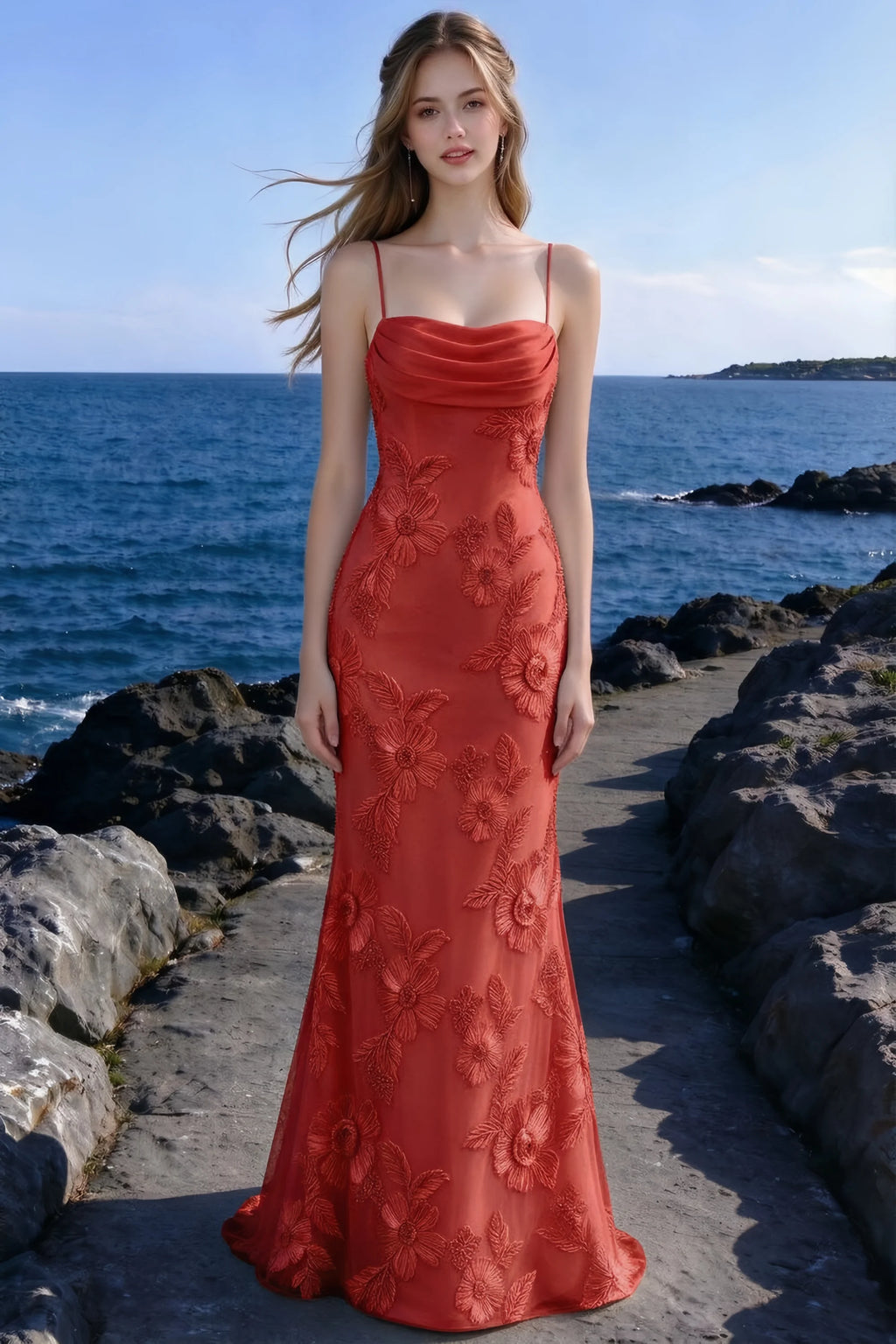 Seaside front view of Brynn red cowl-neck dress with a fitted waist and floral mermaid skirt