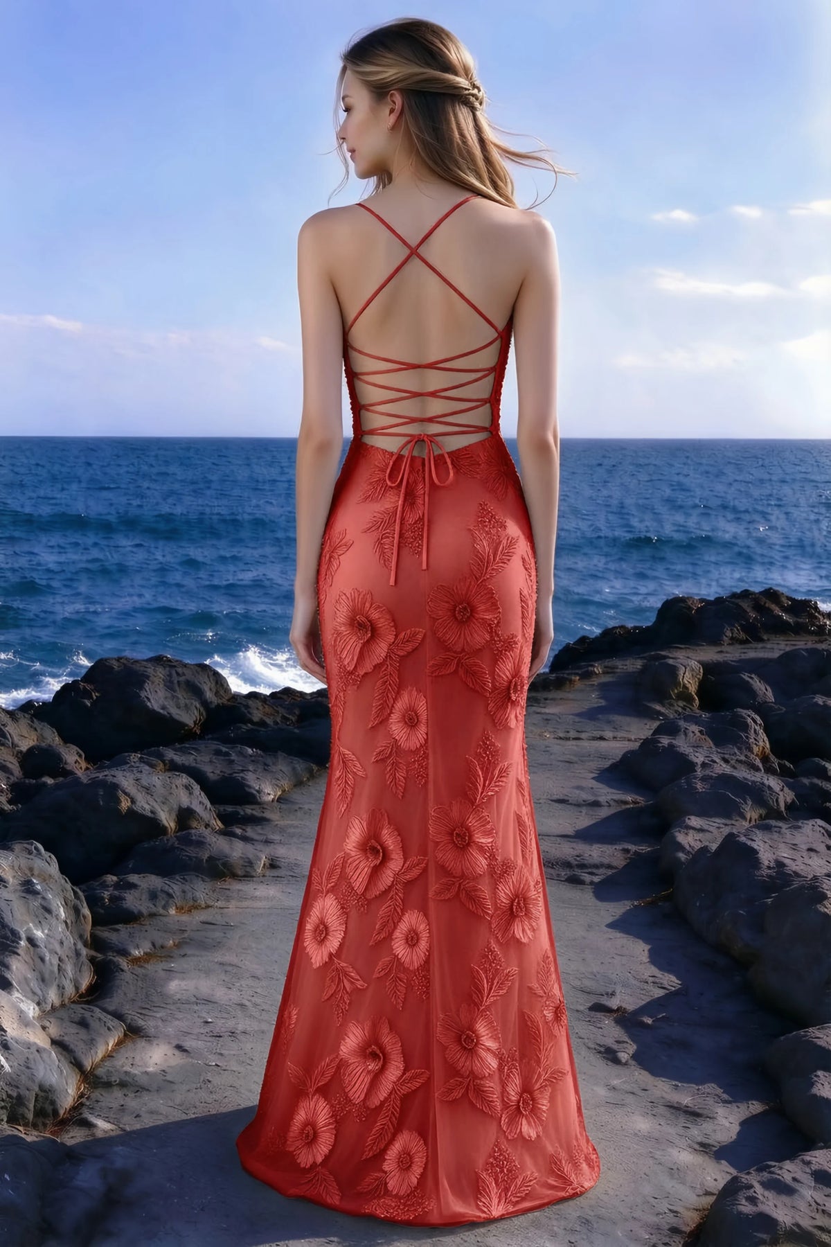 Seaside rear view of Brynn red dress showing the crossed straps and back lacing
