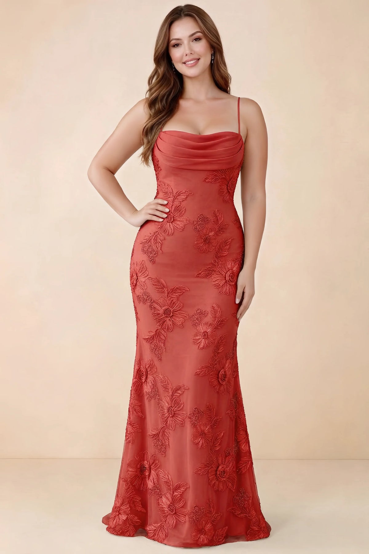 Front studio view of Brynn red dress on a second model, showing the cowl neckline and fitted silhouette