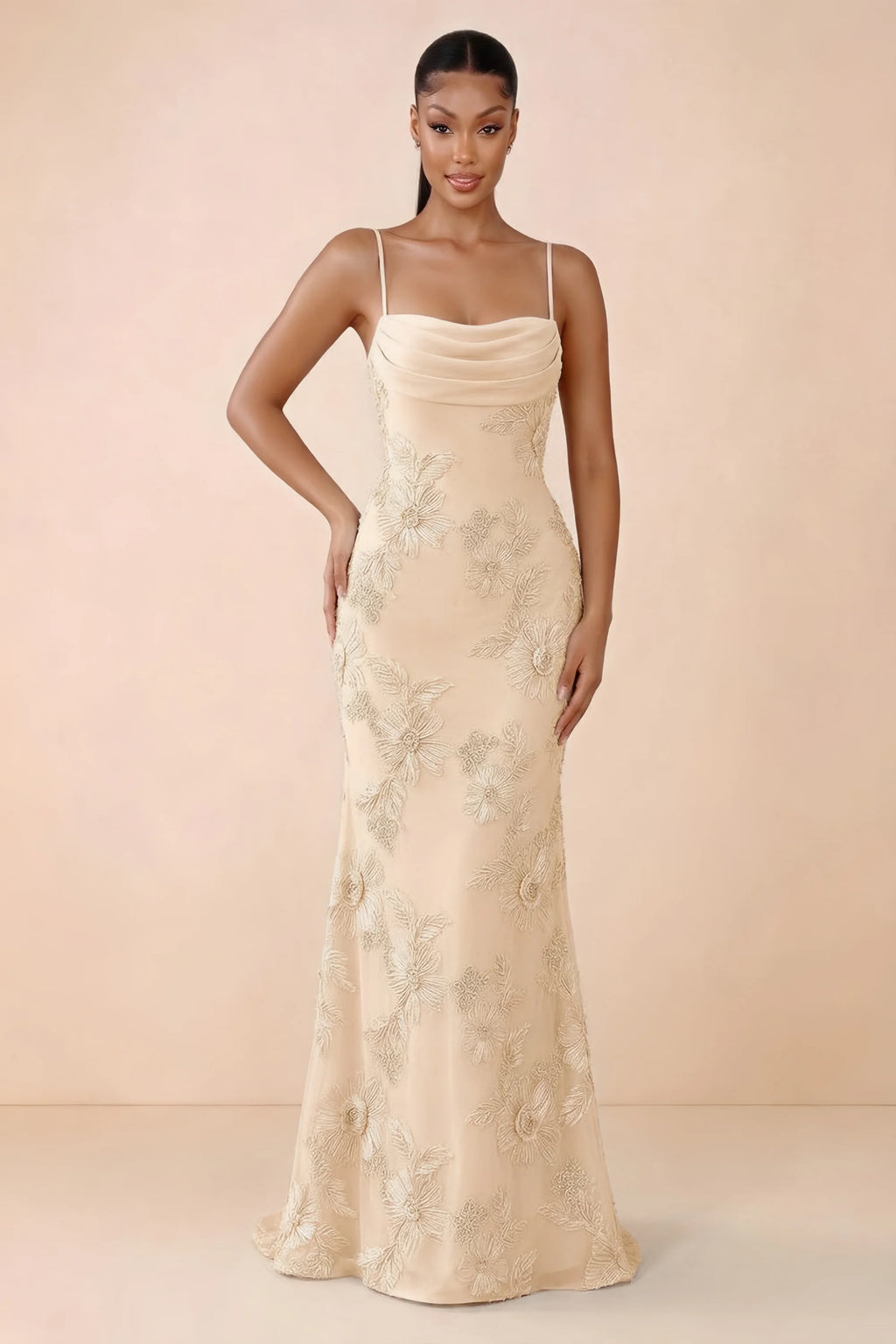Front studio view of Brynn yellow floral maxi dress with a draped cowl neckline and thin straps