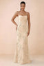 Front studio view of Brynn yellow floral maxi dress with a draped cowl neckline and thin straps