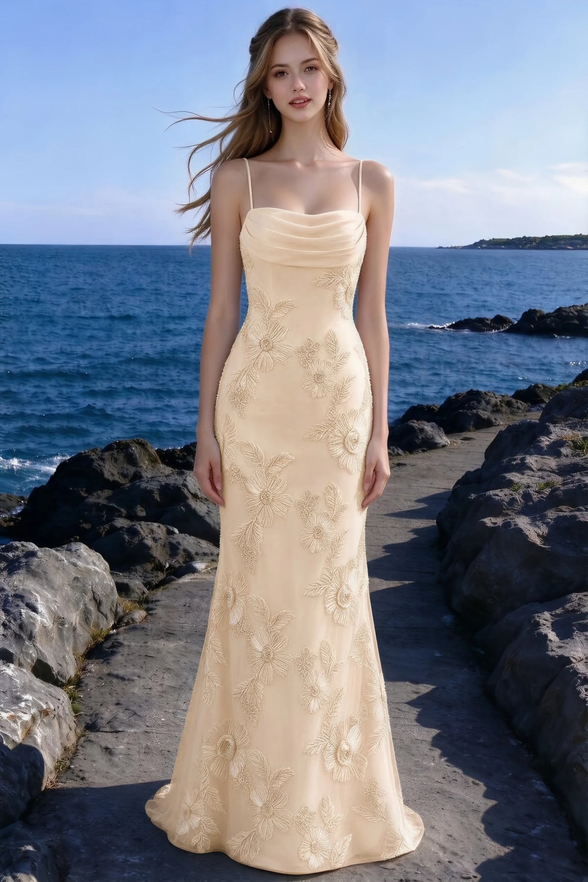 Seaside front view of Brynn yellow cowl-neck dress with a fitted waist and floral mermaid skirt