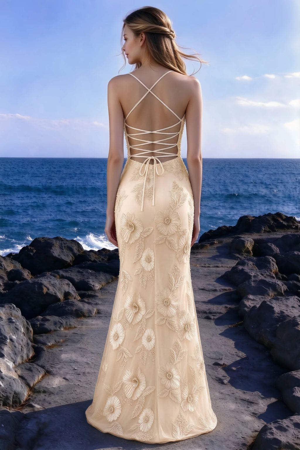 Seaside rear view of Brynn yellow dress showing the crossed straps and back lacing