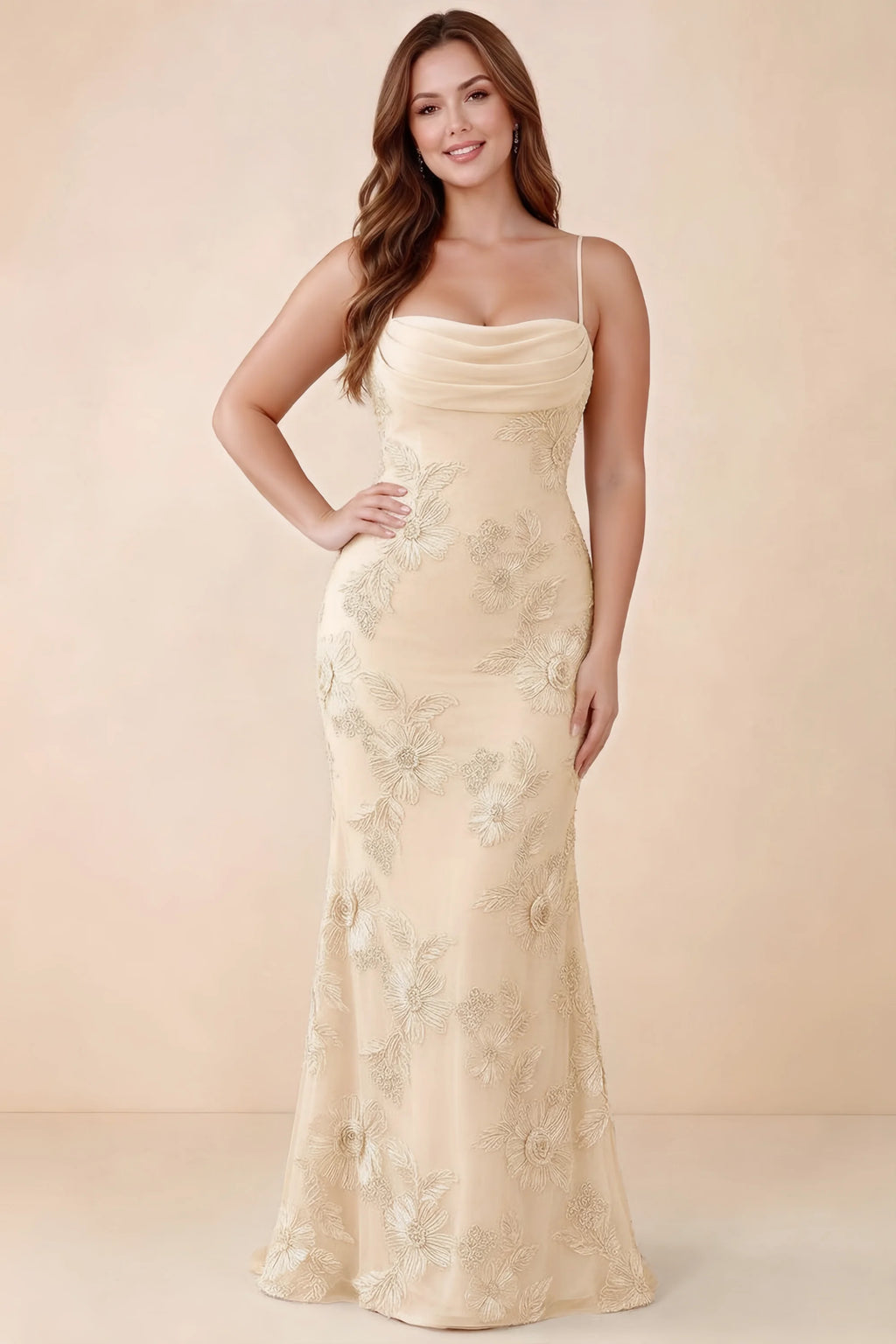 Front studio view of Brynn yellow dress on a second model, showing the cowl neckline and fitted silhouette