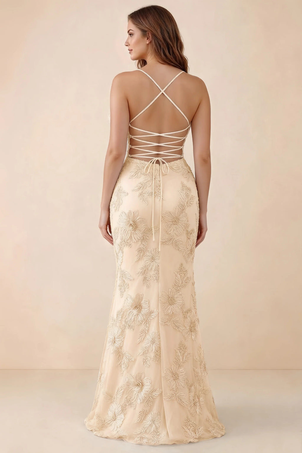 Rear studio view of Brynn yellow dress on a second model, showing the back lacing and floral skirt