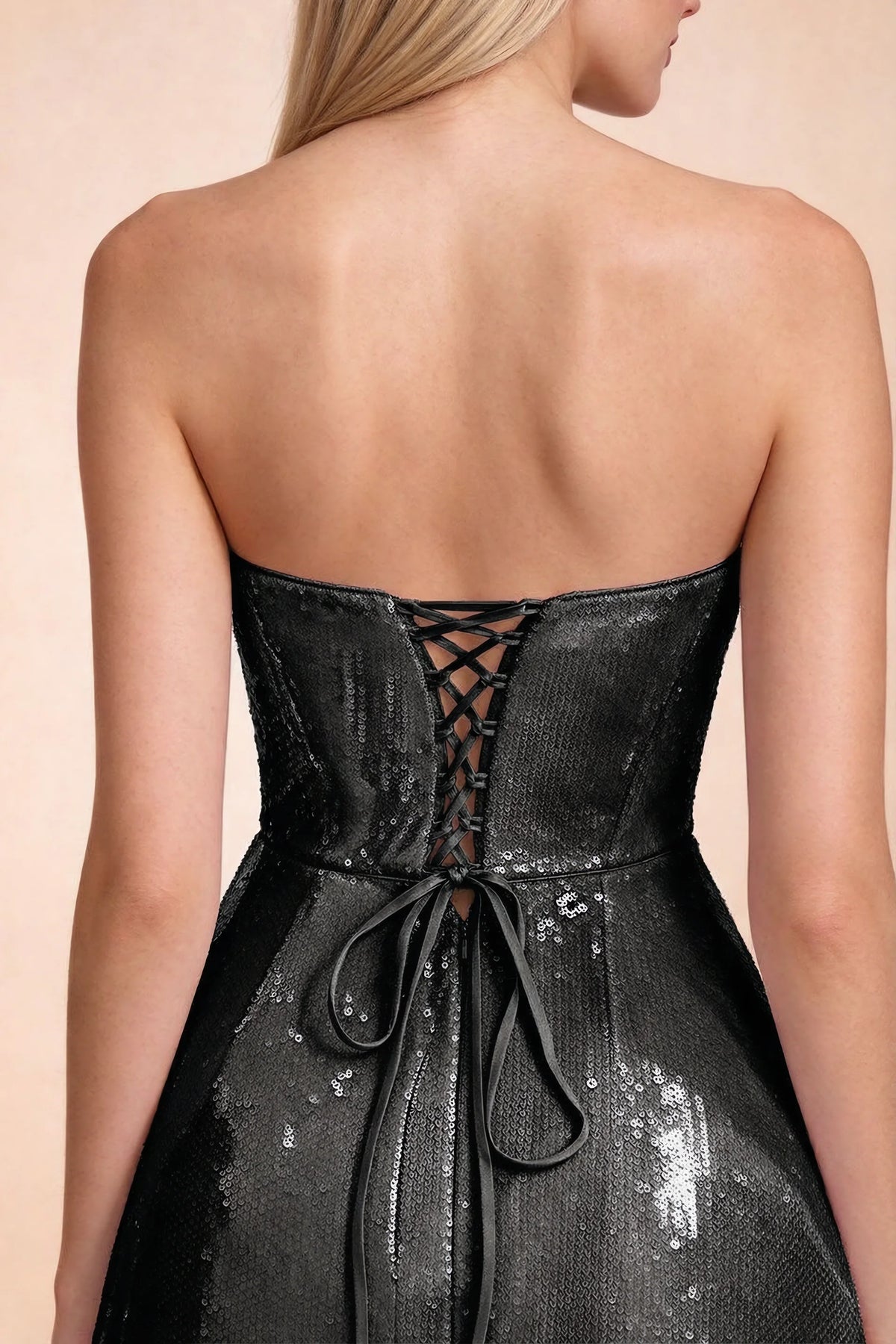 Close-up of Calista black strapless back bodice and centre-back lacing