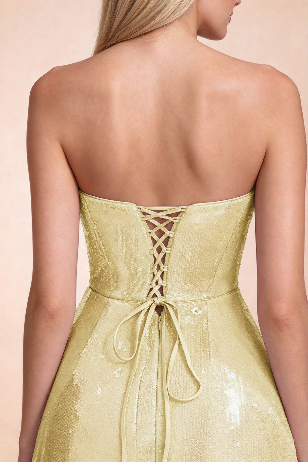 Close-up of Calista lemon strapless back bodice and centre-back lacing