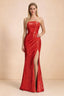 Front studio view of Calista red strapless sequin maxi dress with diagonal pleats and a high leg opening