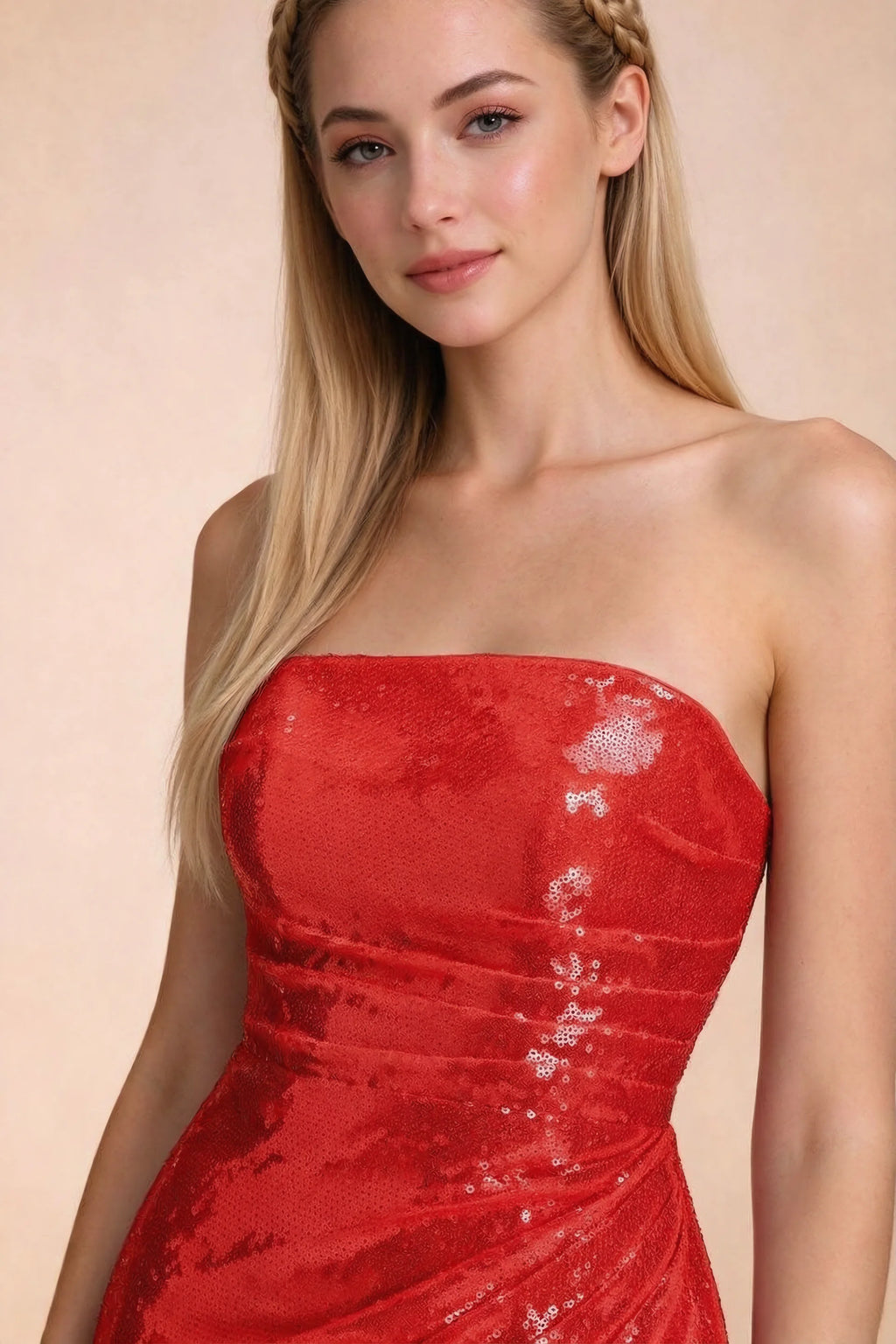 Close-up of Calista red straight strapless neckline and reflective sequin bodice