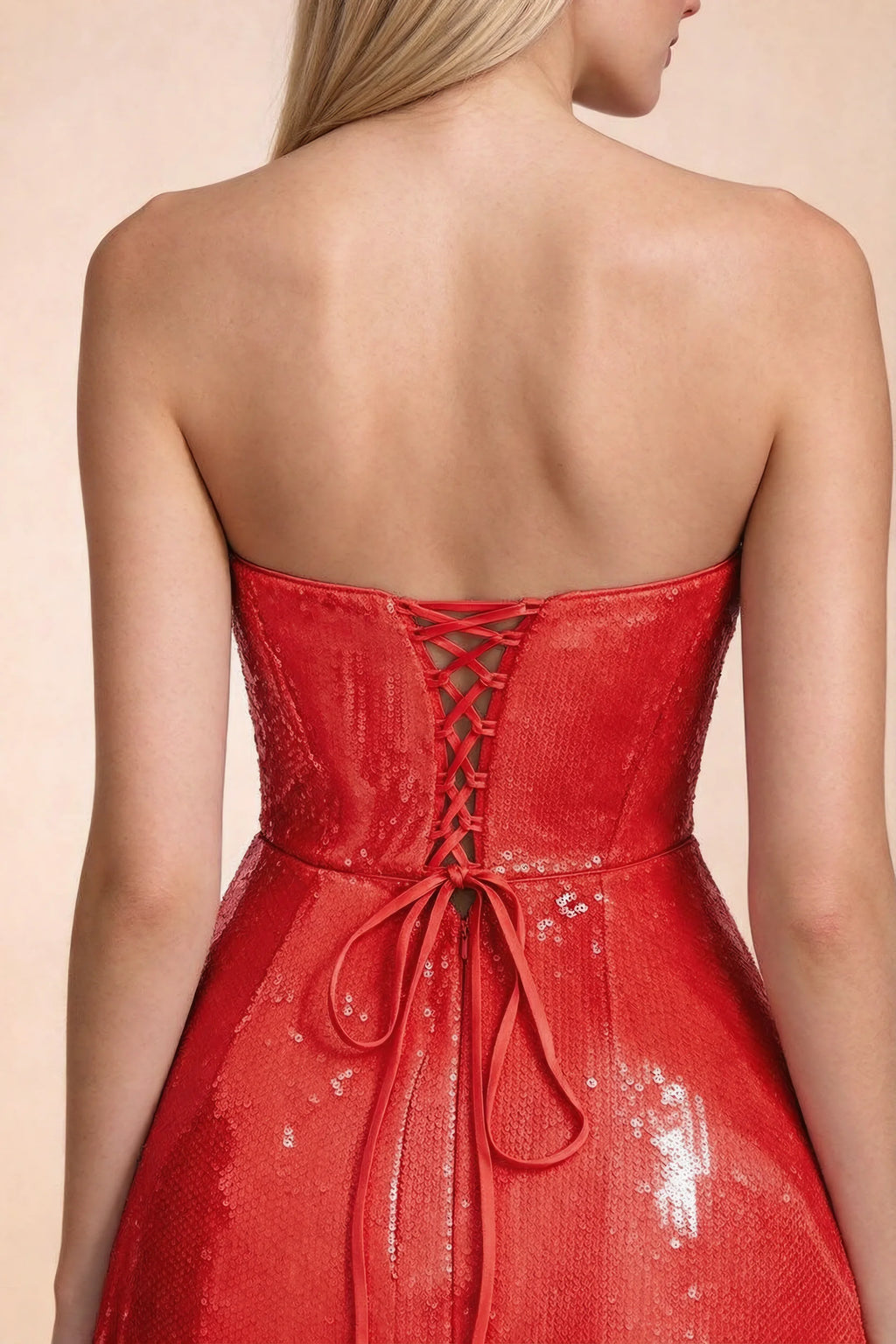 Close-up of Calista red strapless back bodice and centre-back lacing