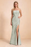 Front studio view of Calista sage green strapless sequin maxi dress with diagonal pleats and a high leg opening
