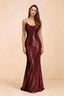 Front studio view of Callie burgundy sequin maxi dress with a draped cowl neckline and thin straps
