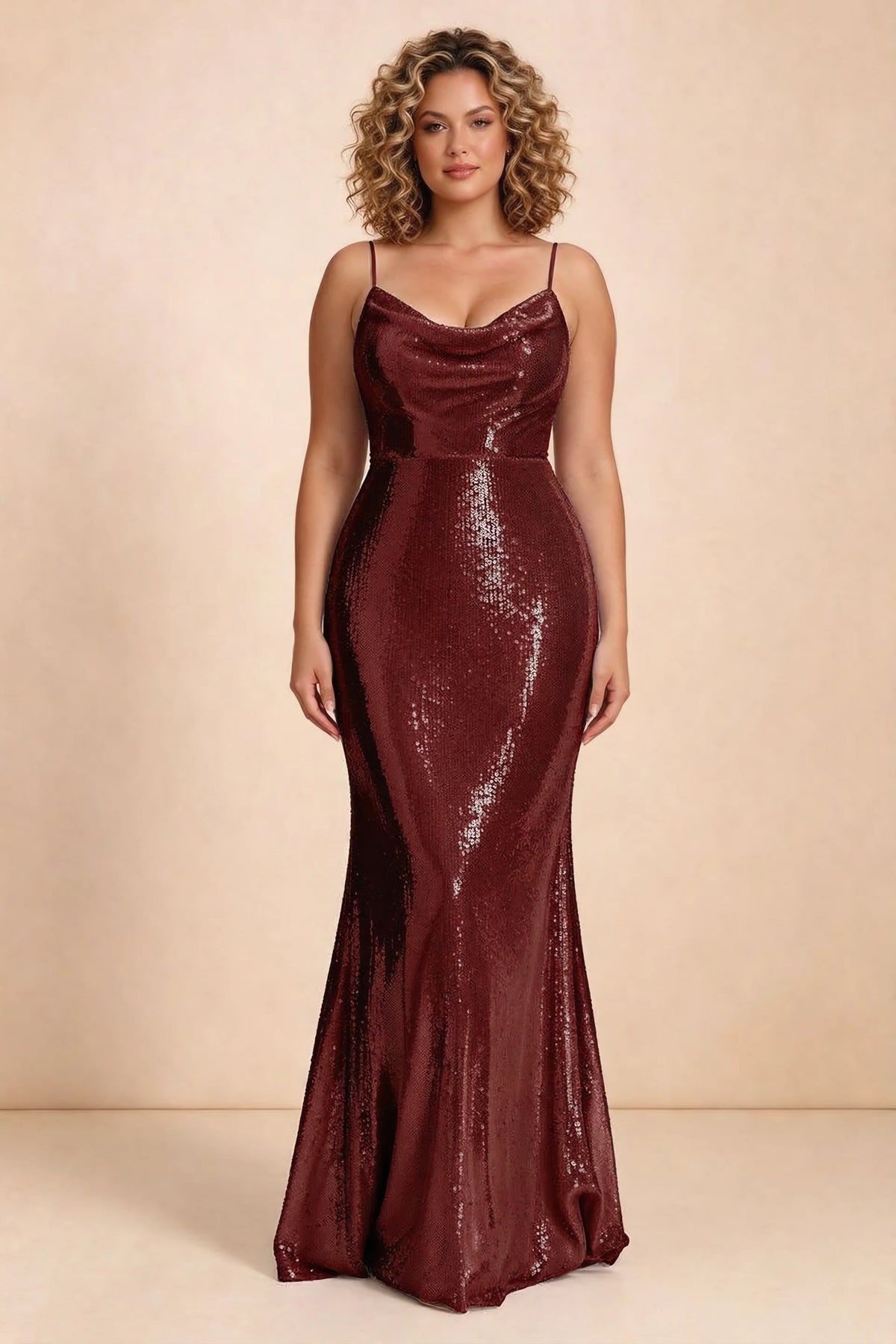 Front studio view of Callie burgundy dress on a second model, showing the cowl neckline and fitted silhouette