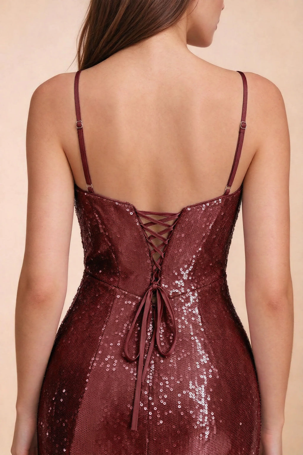 Close-up of Callie burgundy thin shoulder straps and centre-back lacing