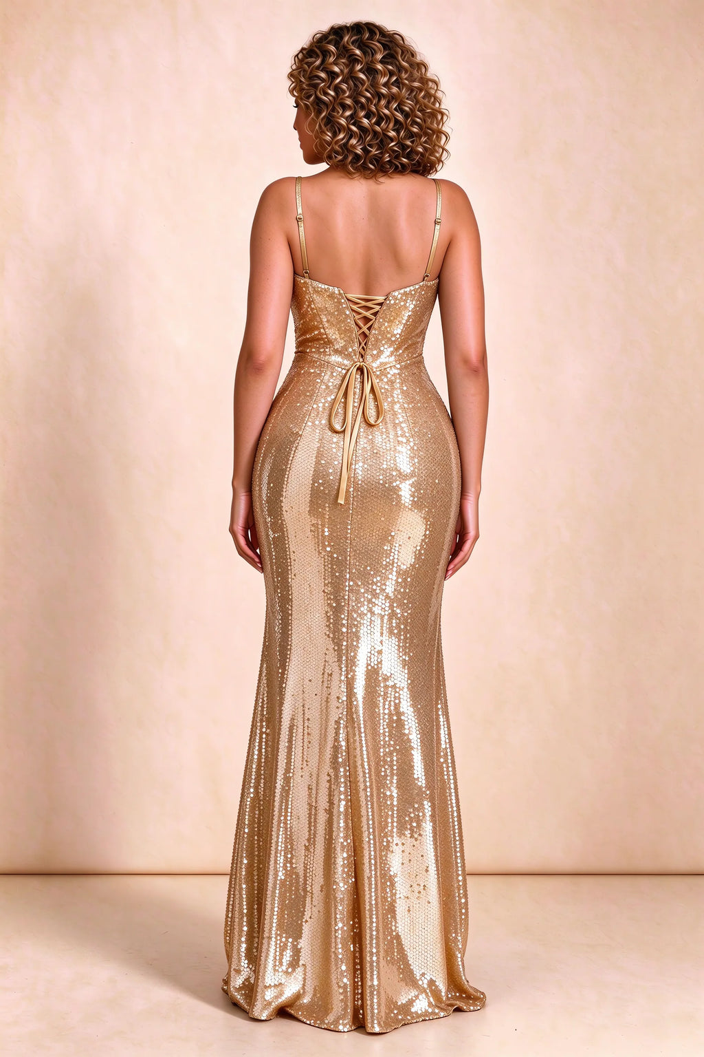 Rear studio view of Callie gold dress on a second model, showing the back lacing and sequin skirt