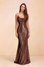 Front studio view of Callie mocha sequin maxi dress with a draped cowl neckline and thin straps