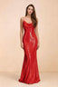 Front studio view of Callie red sequin maxi dress with a draped cowl neckline and thin straps
