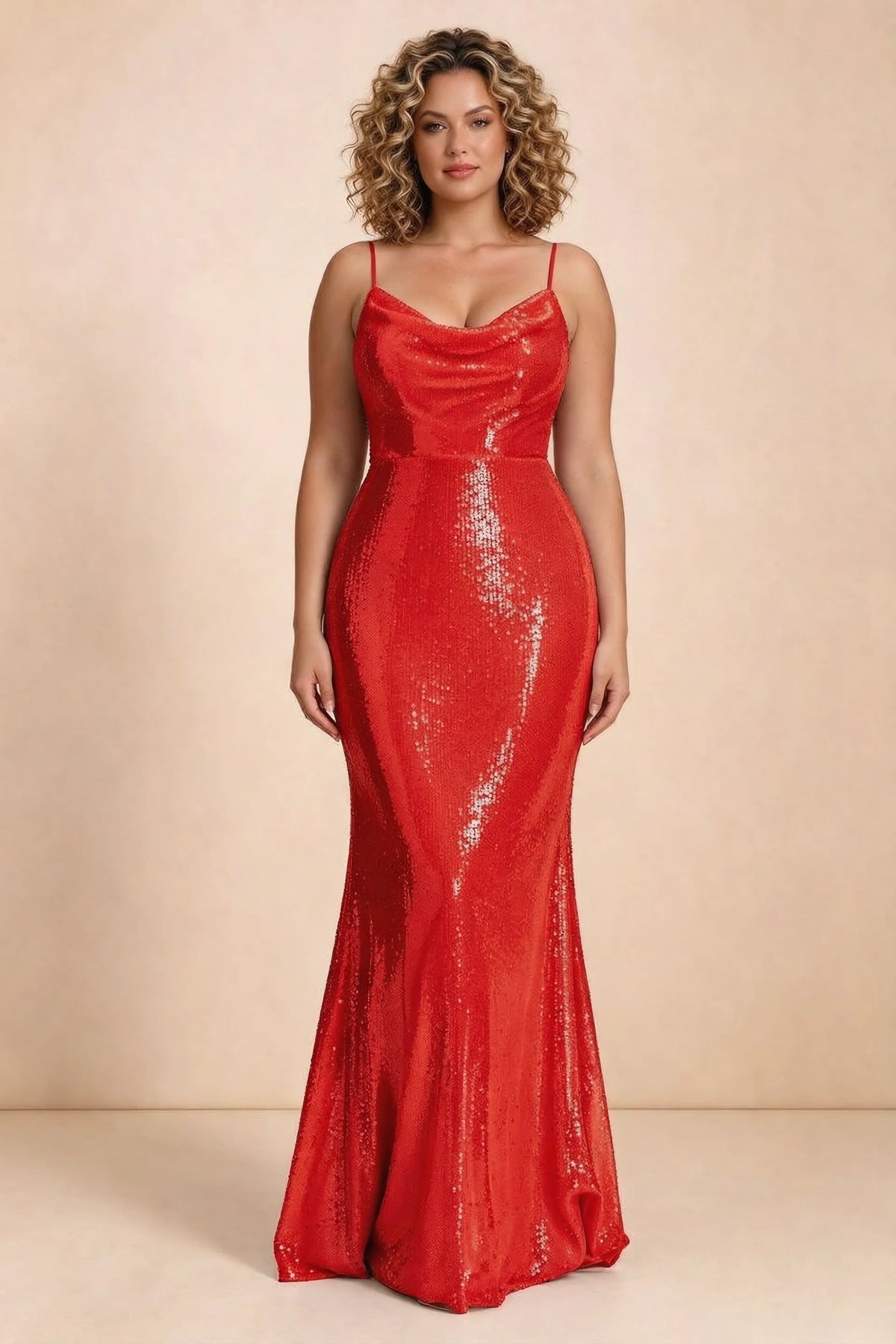 Front studio view of Callie red dress on a second model, showing the cowl neckline and fitted silhouette