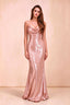 Front studio view of Callie rose gold sequin maxi dress with a draped cowl neckline and thin straps