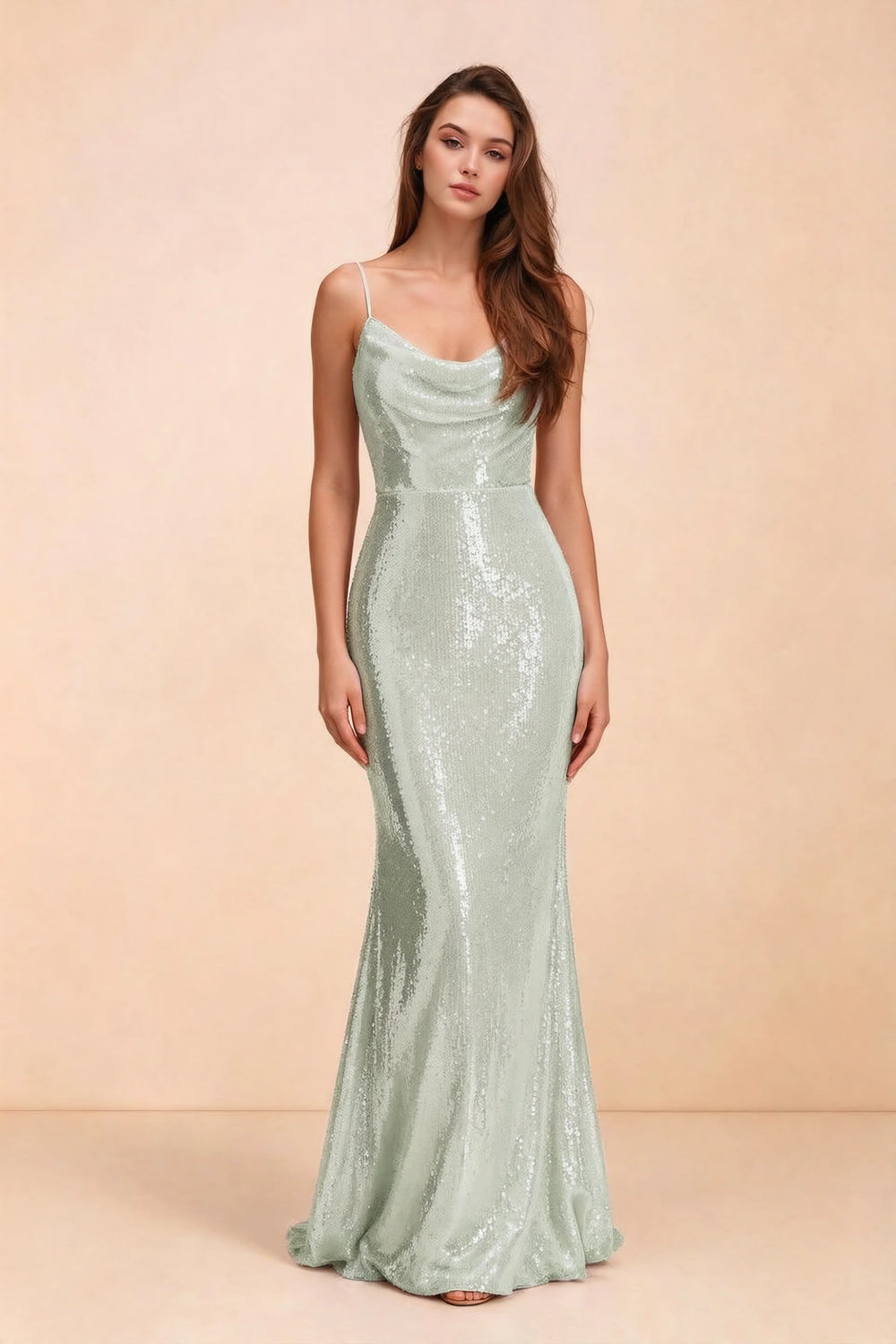 Translation missing: en.Front studio view of Callie sage green sequin maxi dress with a draped cowl neckline and thin straps content.product_image_main