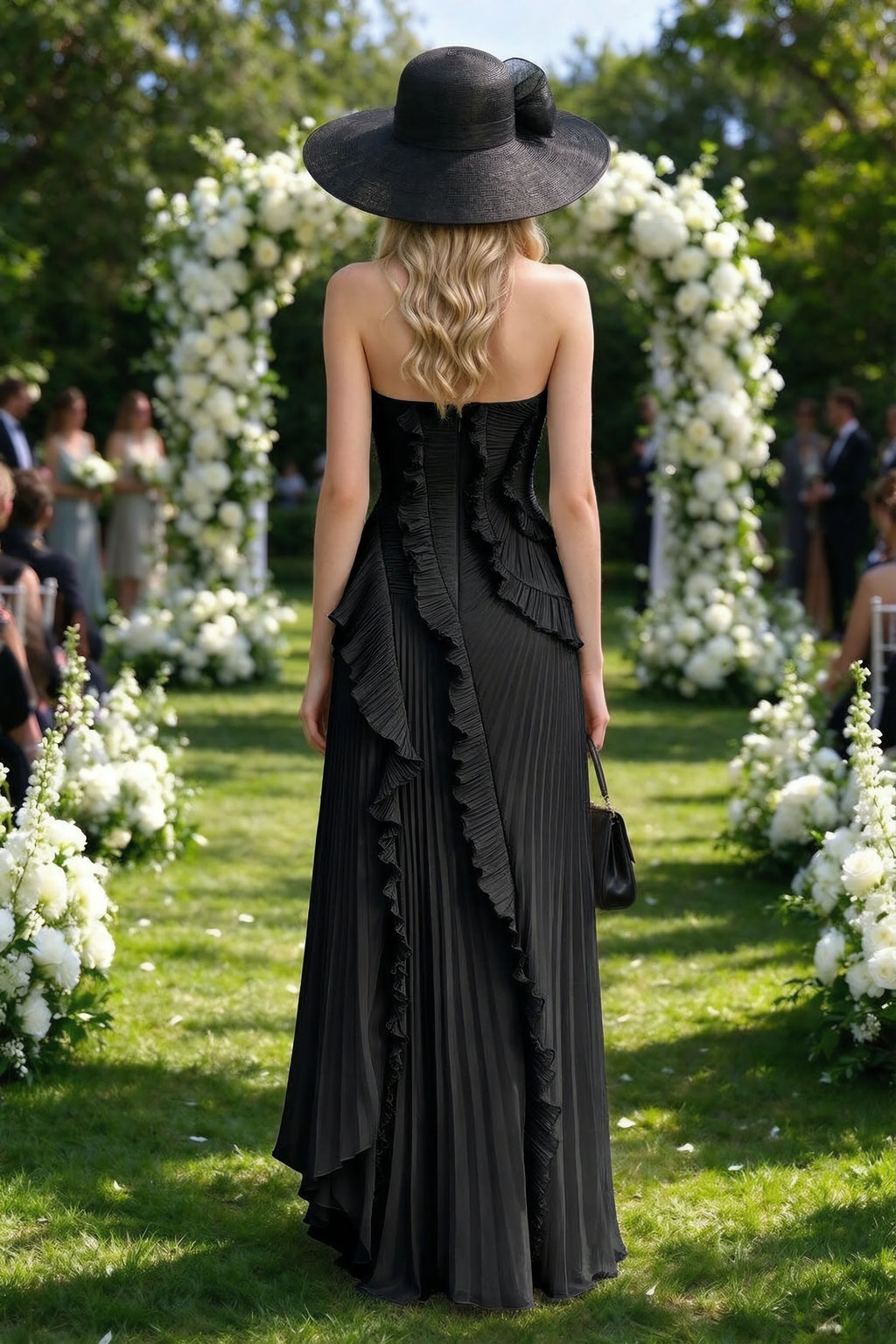 Outdoor rear view of Camilla black dress showing the layered ruffles and long back hem