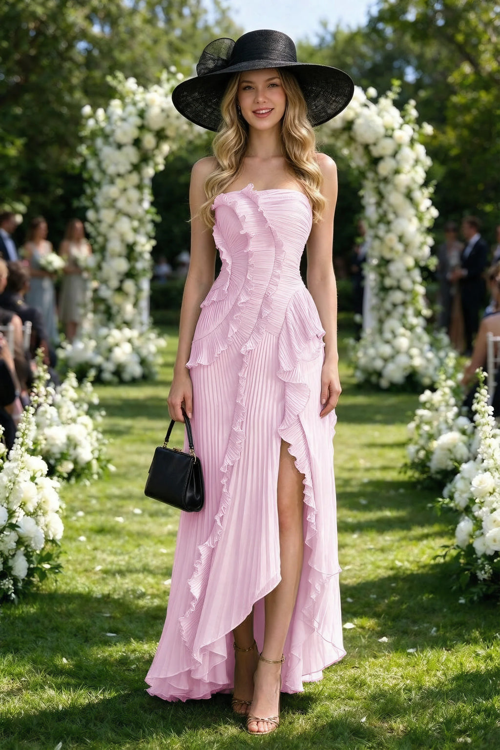 Outdoor front view of Camilla candy dress in a garden setting, showing the strapless neckline and ruffle edges